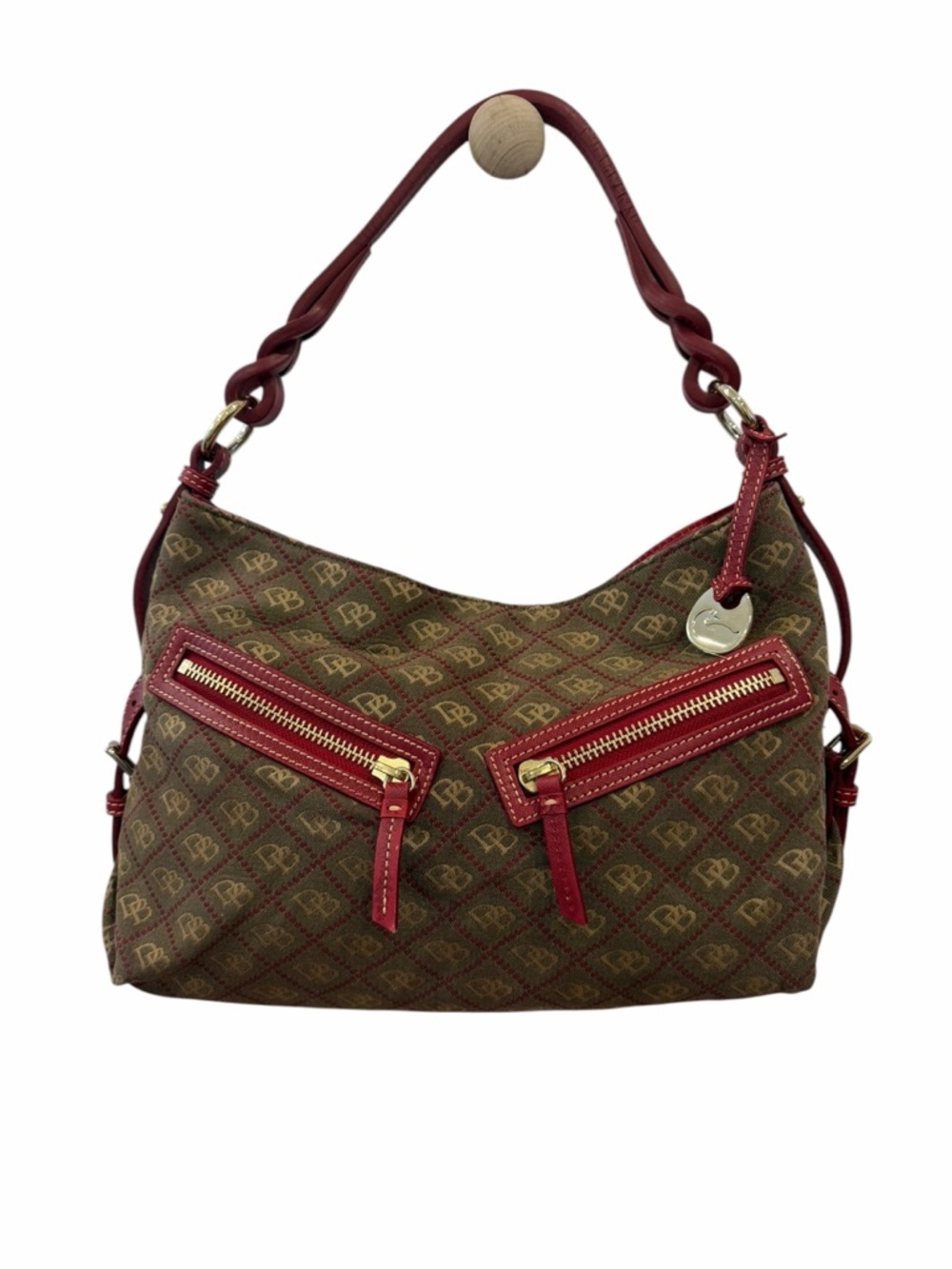 Dooney & Bourke Brown Monogram Shoulder Bag with Red Trim